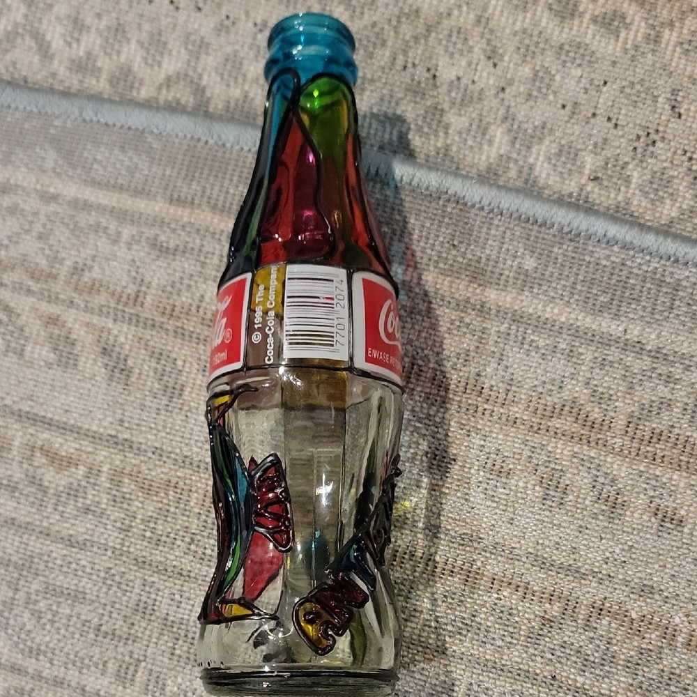 Coca Cola Glass Art Bottle with Red and Blue Accents - Picture 2 of 6